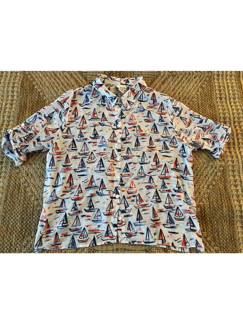 Bon Worth Red white blue sailing theme short sleeve blouse SZ Petite Large
